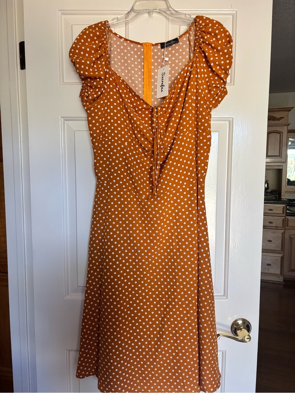 Sezane Rust Polka Dot Midi Dress with Tie Neck (XL)